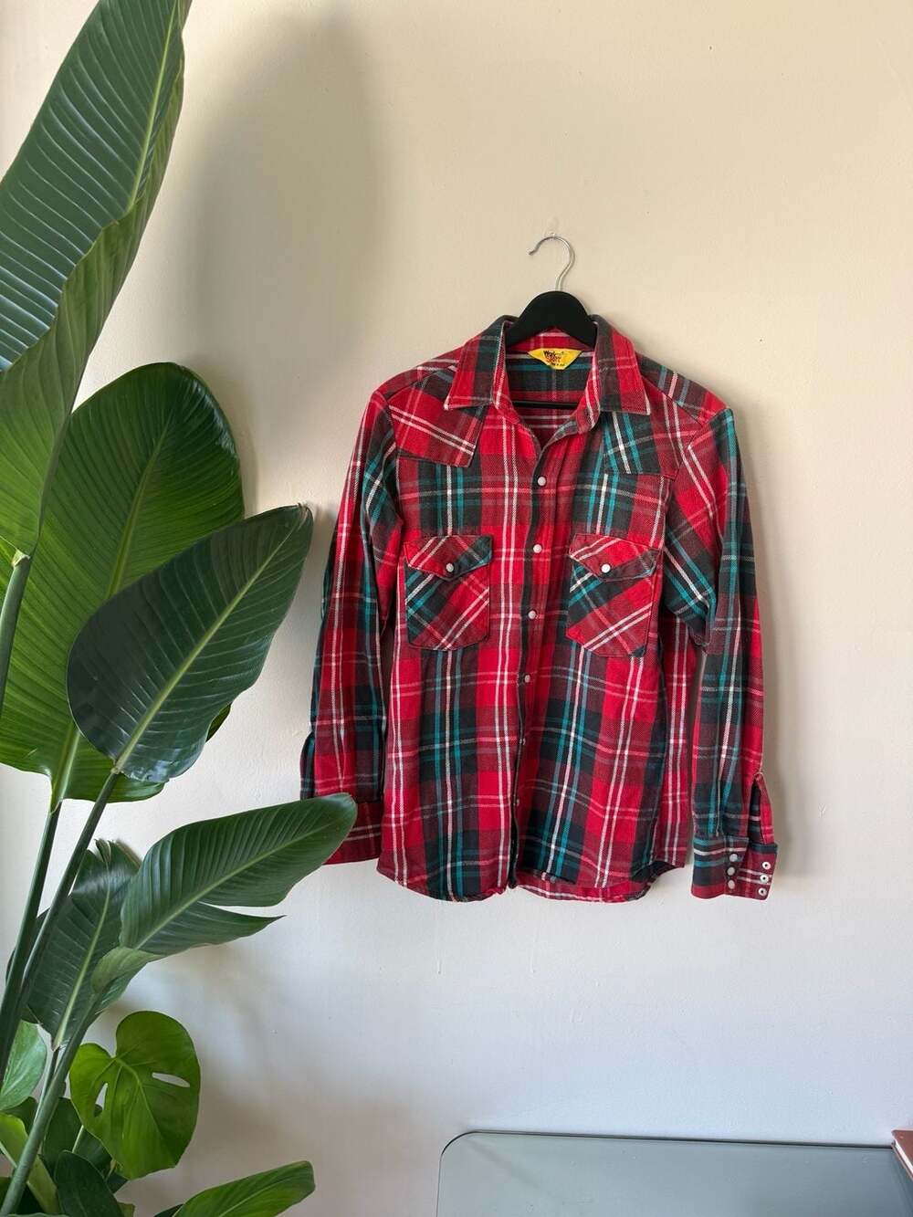 Vintage Workn Sport Red Teal Plaid Western Pearl Snap Flannel Shirt Made in USA